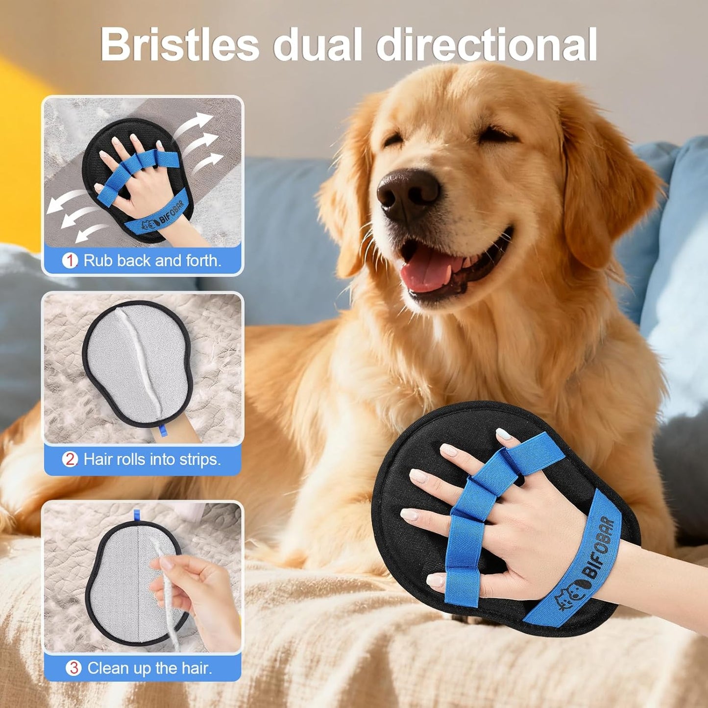 Pet Hair Removal Glove - Magic Brush Electrostatic Mitt for Dogs & Cats, Reusable Grooming Gloves - Dog Hair Remover Tool with 5-Finger Design for Couch, Carpet, Furniture, Laundry & Clothing (Blue)