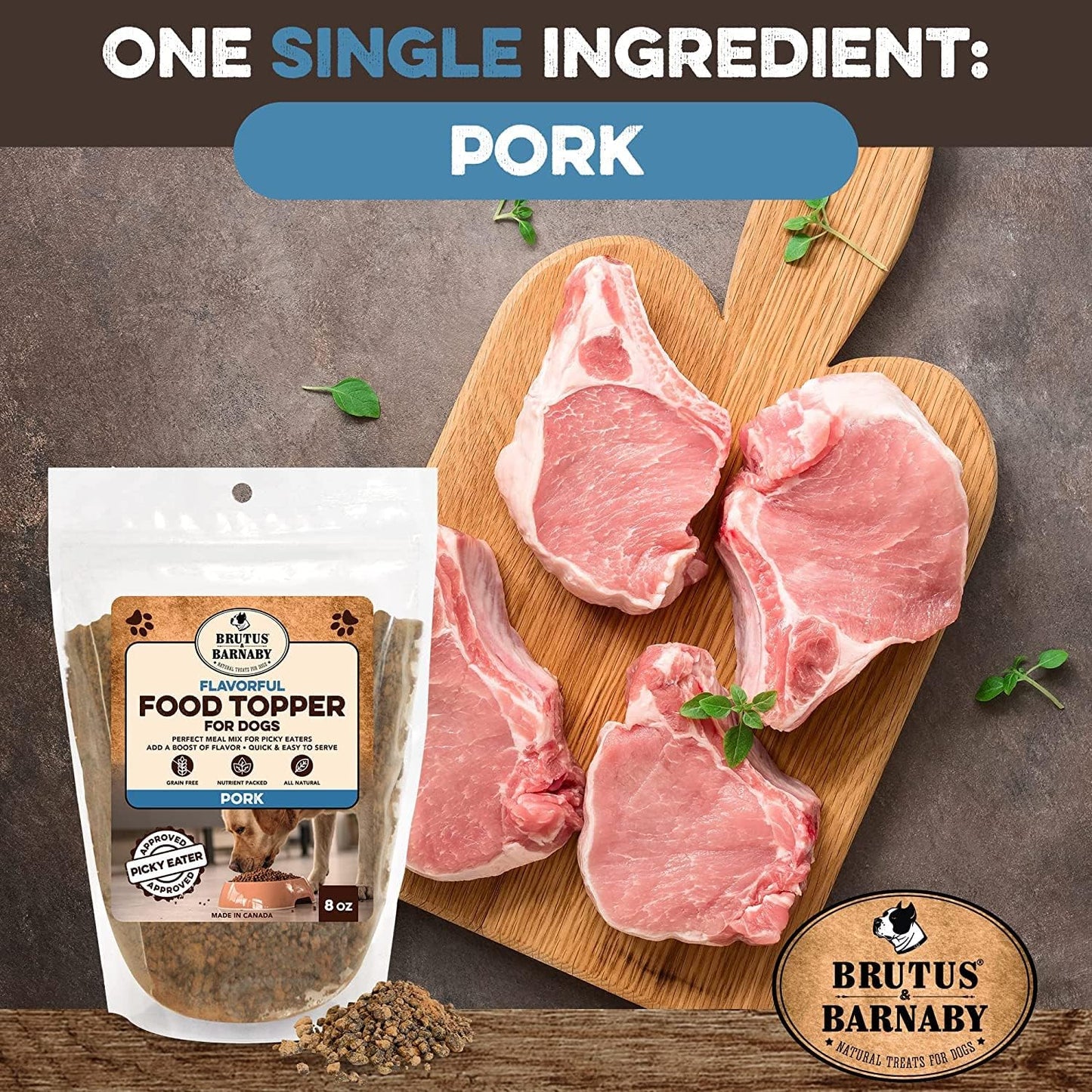 BRUTUS & BARNABY Dog Food Topper - Pork - Enhance Your Dogs Kibble with This Bacon Flavor Packed Mix - Sprinkle On Dog Food Flavoring for Picky Eaters - Just One Single Ingredient