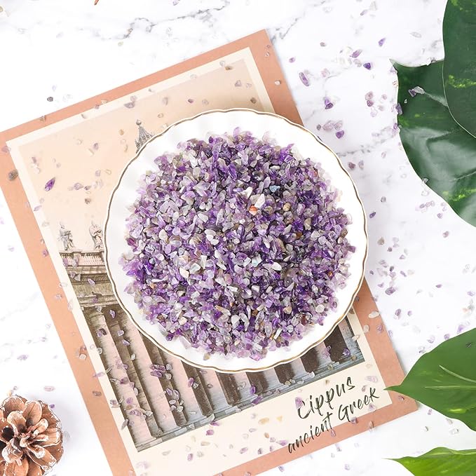 T4U Tumbled Chips Stones Crushed Crystal Quartz 2 LB, Irregular Shaped Gravels Pebble Healing Stones, DIY Smoothed Rock for Potted Plant,Resin Art,Vase Fillers Aquarium Gravel Rocks (Amethyst)