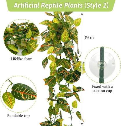 VCEPJH 4 Pcs Reptile Plants, Climbing Wood Branch Terrarium Hanging Fake Plant Leaves Bearded Dragon Tank Accessories, Habitat Decor for Snake Leopard Gecko Lizard Chameleon (Style 1)