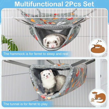 Bienbee 2 Pcs Ferret Rat Hammock Set for Cage Washable Guinea Pig Hideout Bed Soft Small Animal Hammock Tunnel Toys Ferret Cage Accessories for Hedgehog Sugar Glider Squirrel Hamster, Grey Mushroom