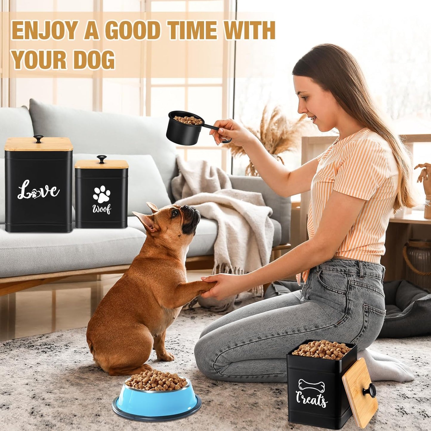 Metal Dog Treat Containers Set of 3 with Bamboo Lids and Spoon Airtight 7+3+2 lbs Dog Food Snack Jars with DIY Labels Big Pet Cookie Storage Jar for Kitchen Counter(Black,Classic)