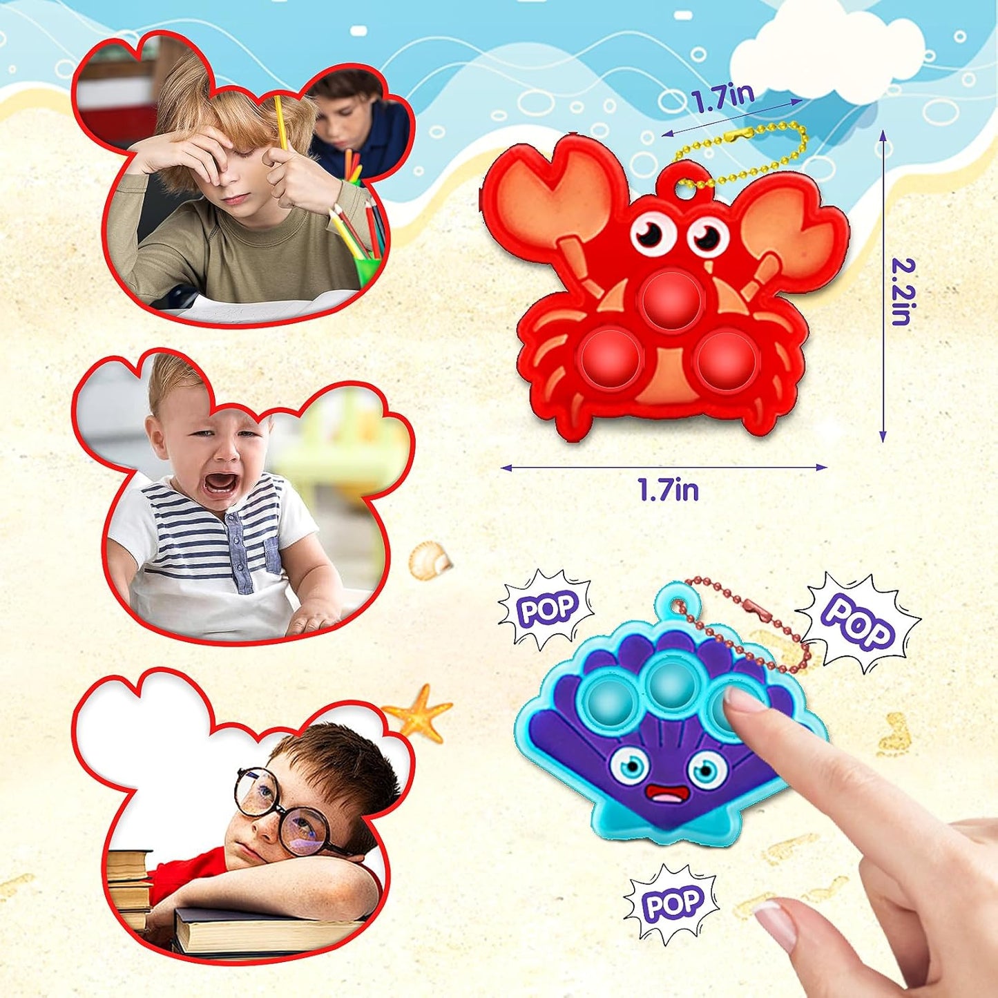 Party Favors for Kids 16PCS Sea Animal Sensory Toys, Mini Pop Fidget Toys Keychain for Kids, Goodie Bag Stuffers, Carnival Birthday Gifts, Classroom Prizes