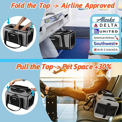 Petskd Top-Expandable Pet Carrier 17x11x9.5 Inches Alaska Airline Approved, Soft-Sided Carrier for Small Cats and Dogs with Locking Safety Zippers and Anti-Scratch Mesh(Grey)