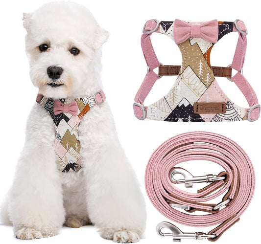 Puppytie No Pull Dog Harness with Multifunction Dog Leash,Soft Adjustable No Choke Escape Proof Pet Harness Vest for Medium Dogs,Suede Bow Pink,M