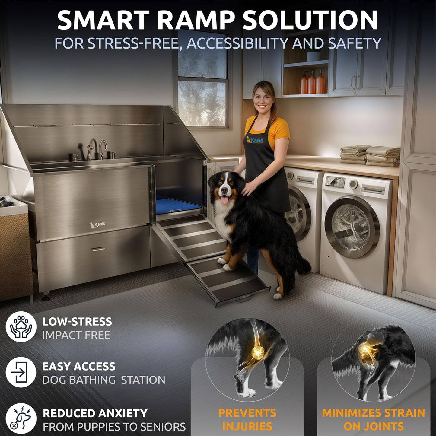 KANIS Professional Dog Washing Station - 304 Stainless Steel Pet Wash Sink & Grooming Bathtub w/Shower, Floor Grates and Storage for Large, Medium & Small Pets (61", 2 Drawers - Right Ramp)