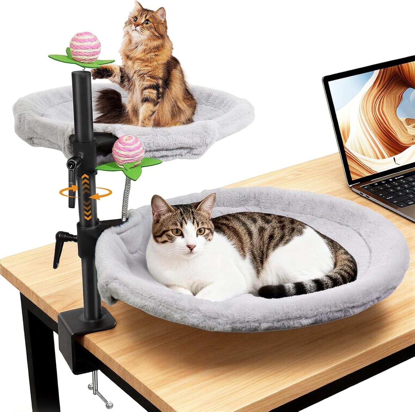 Double Cat Desk Bed, 360° Rotating & Adjustable Desk Mount with Soft Faux Fur & Breathable Mesh Accessories, Ergonomic Cat Perch for Remote Workers,Gamers, and Office Staff - Supports up to 44 lbs