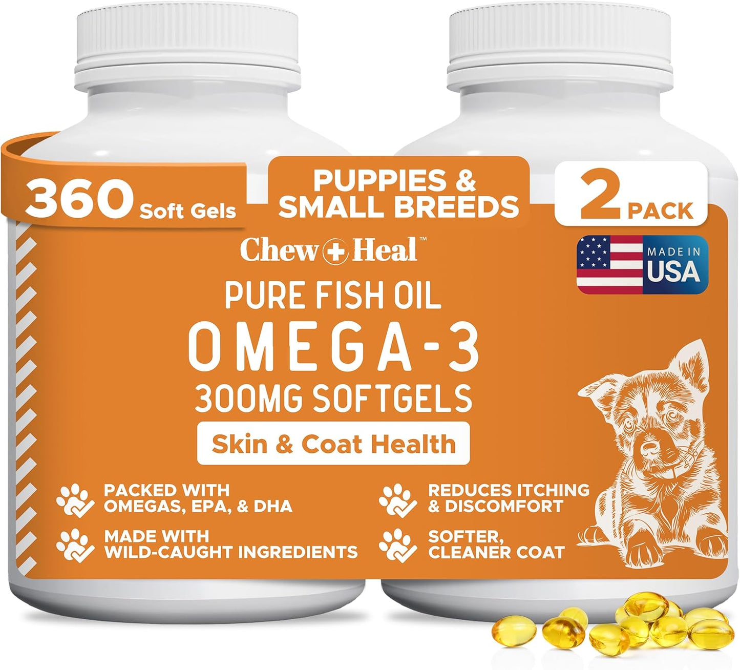 Wild Caught Omega 3 Fish Oil for Dogs - 300mg Mini Softgel Capsules for Healthy Skin and Coat - 360 Dog Fish Oil Pills for Shedding, Dry Itching Skin, and Hot Spots (2 Packs of 180)