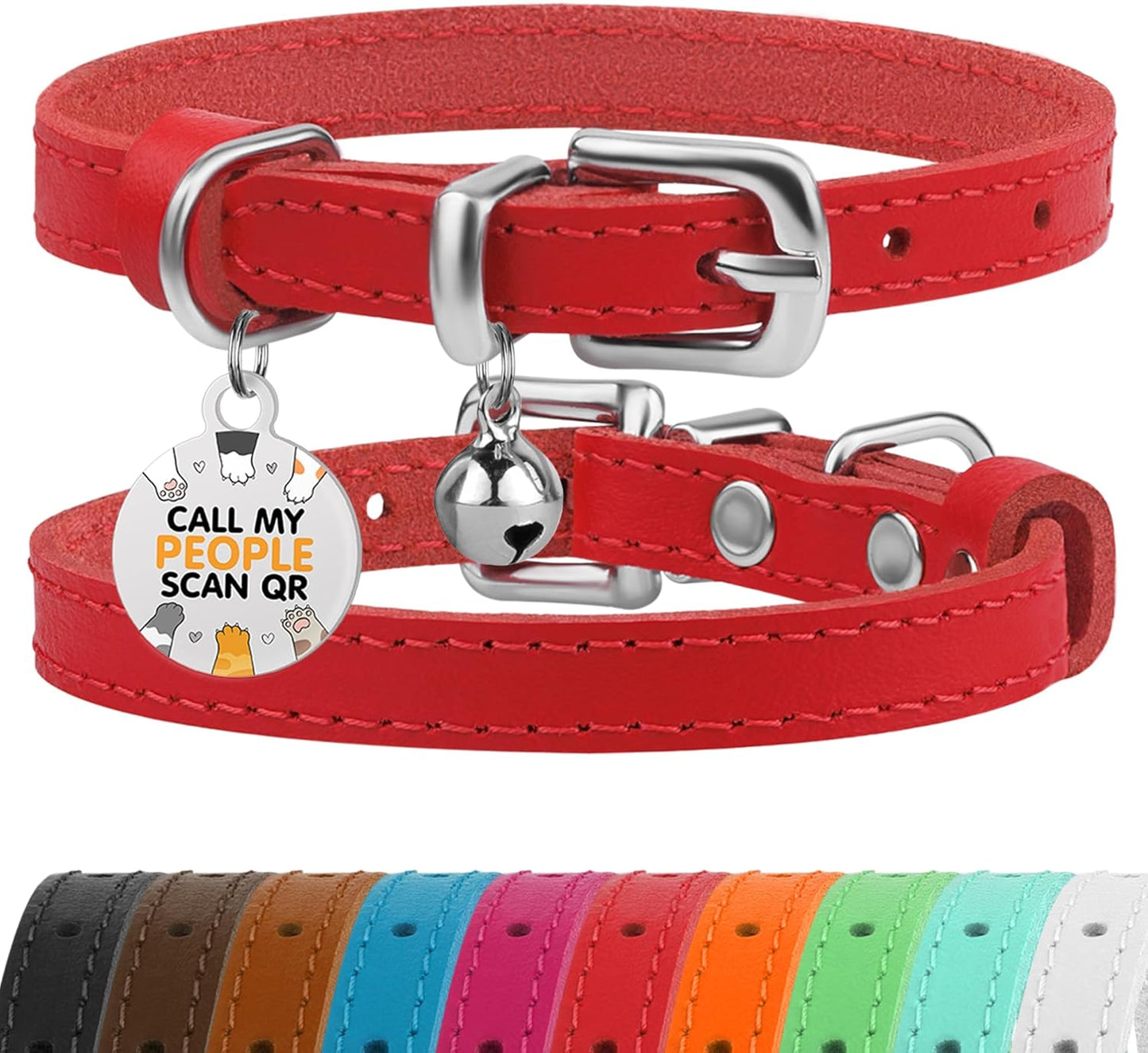 BRONZEDOG Leather Cat Collar with Removable Bells Non Breakaway Kitten QR Tag for Girl Boy (7" - 9" for Cats, Red & Silver)
