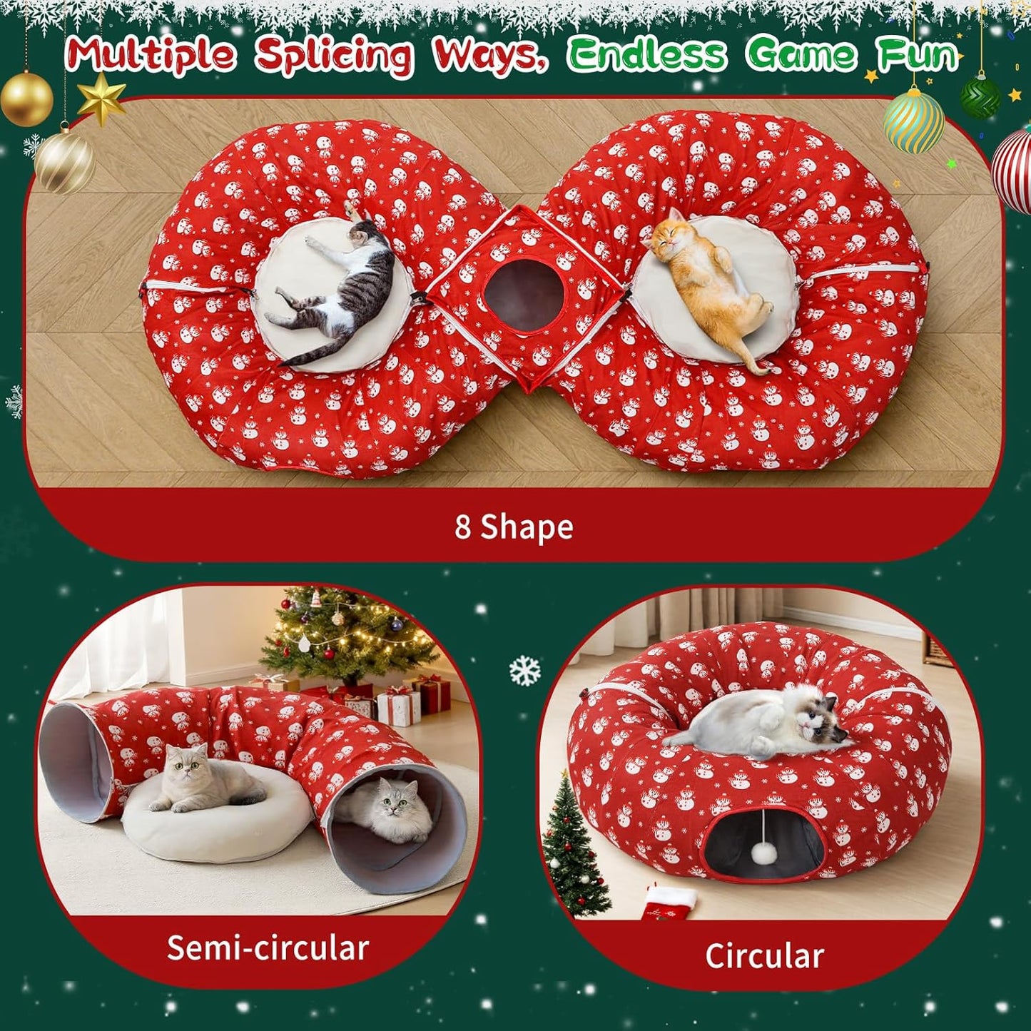 Pawaboo 2-in-1 Cat Tunnel Bed for Indoor Cats, 8-Shaped Large Cat Tunnels with Plush Cushions, Foldable Cats Cave Hideout Kitty Toys with Fluffy Balls, Donut Tunnel for Kitten Rabbit Ferret, Red