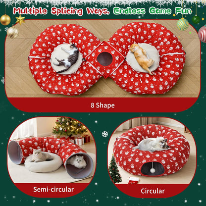 Pawaboo 2-in-1 Cat Tunnel Bed for Indoor Cats, 8-Shaped Large Cat Tunnels with Plush Cushions, Foldable Cats Cave Hideout Kitty Toys with Fluffy Balls, Donut Tunnel for Kitten Rabbit Ferret, Red