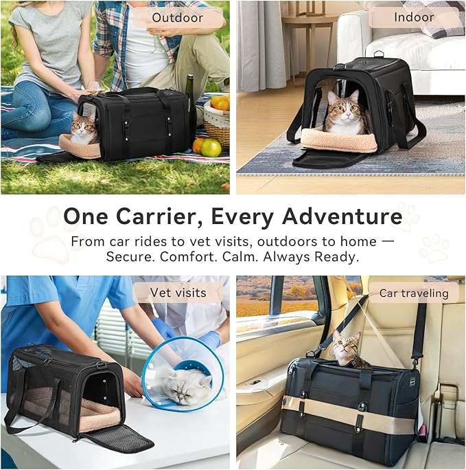 PETSFIT Cat Car Carrier for Small/Medium Cats Dogs, 18"x11"x11" Airline Approved Cat Carrier, with Patent Safety Buckles and Escape-Proof Zipper - Safeguarding Car Travel, Airplane, Vet, Outdoor