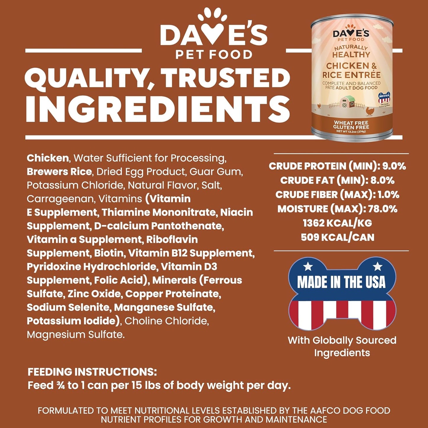 Dave's Pet Food Wet Canned Dog Food (Chicken & Rice), Made in USA Naturally Healthy with Added Vitamins & Minerals, Gluten Free Topper, 13.2 oz (12 Pack)
