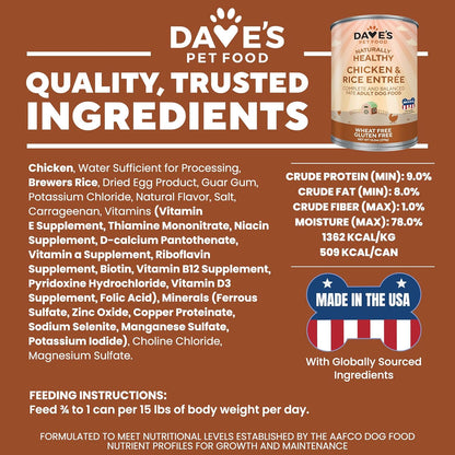 Dave's Pet Food Wet Canned Dog Food (Chicken & Rice), Made in USA Naturally Healthy with Added Vitamins & Minerals, Gluten Free Topper, 13.2 oz (12 Pack)
