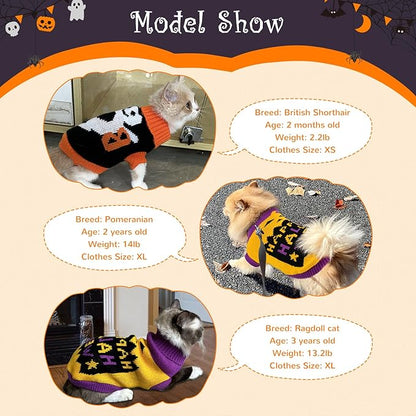 2Pcs Halloween Dog Sweaters Kitten Cat Knitwear Puppy Cat Halloween Pumpkin Ghost Sweater Pet Halloween Sweater Clothes Outfit Costume for Kittens Cats Puppies Small Medium Dogs XXL