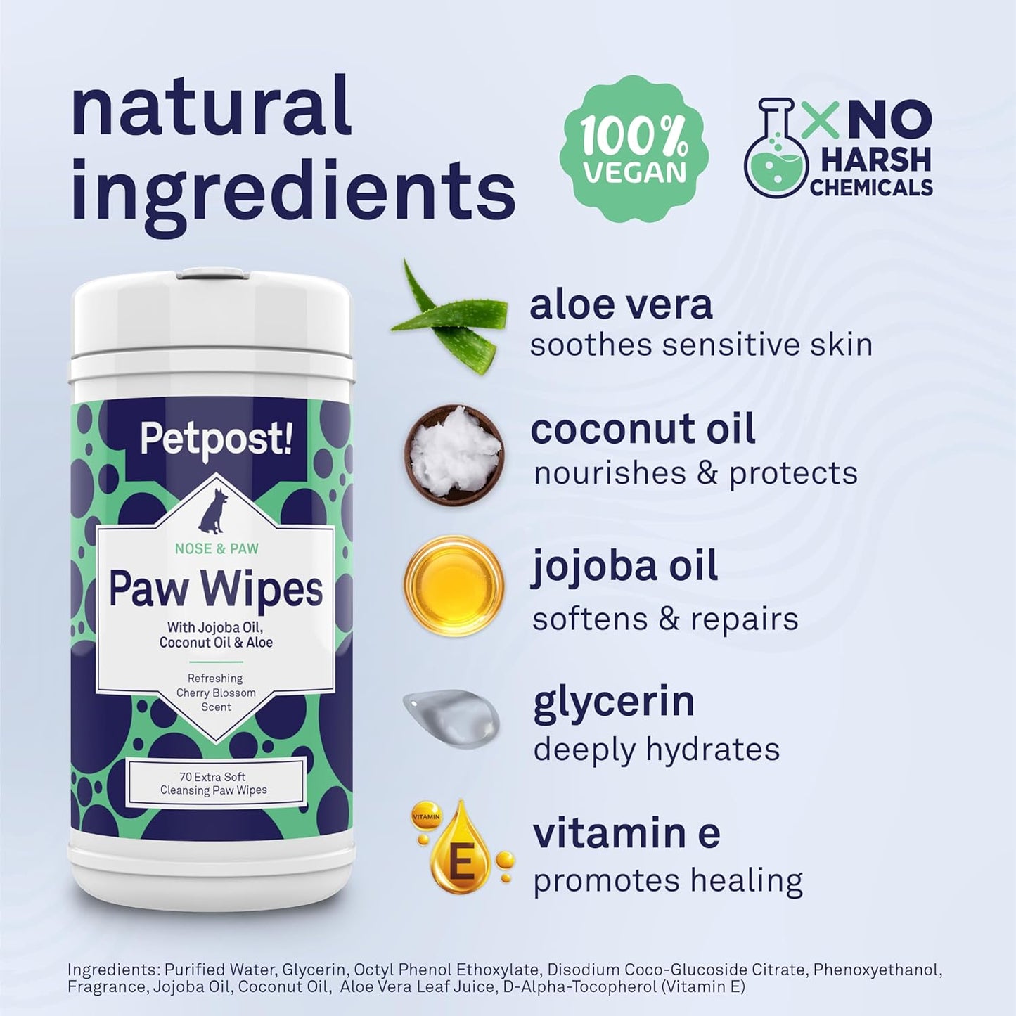 Petpost Large Paw Wipes for Dogs | 70 Count Dog Paw Cleaner Wipes with Coconut Oil, Jojoba Oil & Aloe | Gentle Pet Wipes for Paws | Ultra Soft Cotton Pads, Cherry Blossom Scent