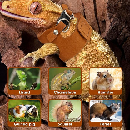 3 Pcs Bearded Dragon Harness and Leash Set, 3 Sizes Adjustable Soft Leather Lizard Harness with Leash, Small Animal Traction Rope Training Walking Vest for Bearded Dragon Lizard Squirrel