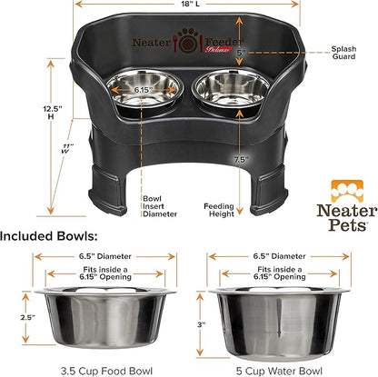 Neater Feeder Deluxe Mess Proof Dog Bowls Elevated Medium Sized Dogs (19-40 lbs) Made in USA, No Spill Raised Dog Food Bowl Stand w/Leg Extension, Stainless Steel Food and Water Bowl Set, Black