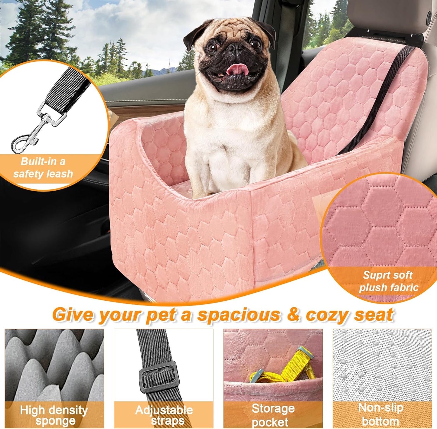 Dog Car Seat for Small/Medium Dogs, Memory Foam Dog Booster Seat, Travel Safety Per Car Seat with Washable Removable Cover, Storage Pockets for Dogs up to 35 lbs (Pink, Small)
