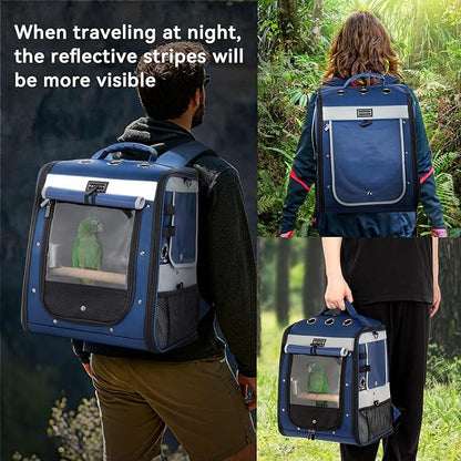 Petsfit Bird Carrier with Anti-Pecking Band,Bird Backpack Carrier with 2 Level Height to Adjust Standing Perch and Shade Cover Blue