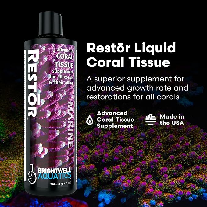 Brightwell Aquatics - Restor Liquid Coral Tissue Supplement - Fish Tank Reef Nutrition for Live Coral Growth Acceleration, Colour Vibrancy, & Restoration Additive - Saltwater Reef Supplies, 16.9 fl oz