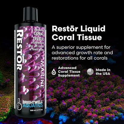 Brightwell Aquatics - Restor Liquid Coral Tissue Supplement - Fish Tank Reef Nutrition for Live Coral Growth Acceleration, Colour Vibrancy, & Restoration Additive - Saltwater Reef Supplies, 16.9 fl oz