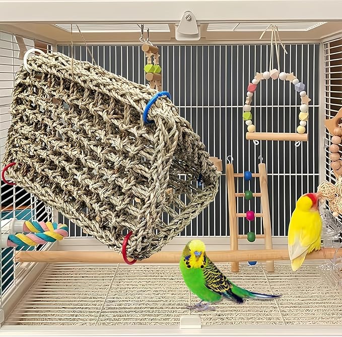 Tfwadmx Large Bird Seagrass Hammock, 3Pcs 7x11.8in Seagrass Mat for Birds, Hanging Parrot Toys, Counre House Hut Hideout for Parakeets, Lovebirds, Budgies, Cockatiels