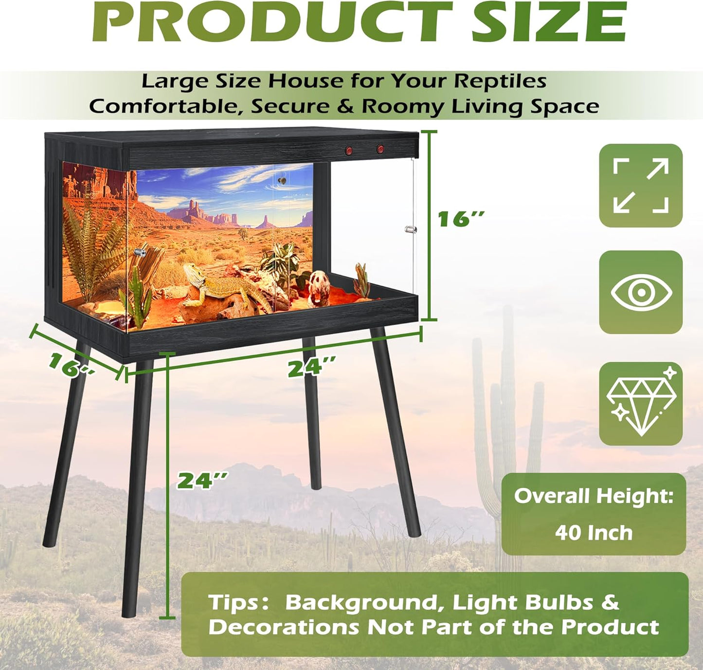 Royxen Tempered Glass Bearded Dragon Tank,24 Gallon Reptile Tank with Leg Stand,Built-in Lighting Reptile Enclosure Scartch-Proof Bearded Dragon Encloure for Chameleon,Snake(Black,24"x 16"x 16")