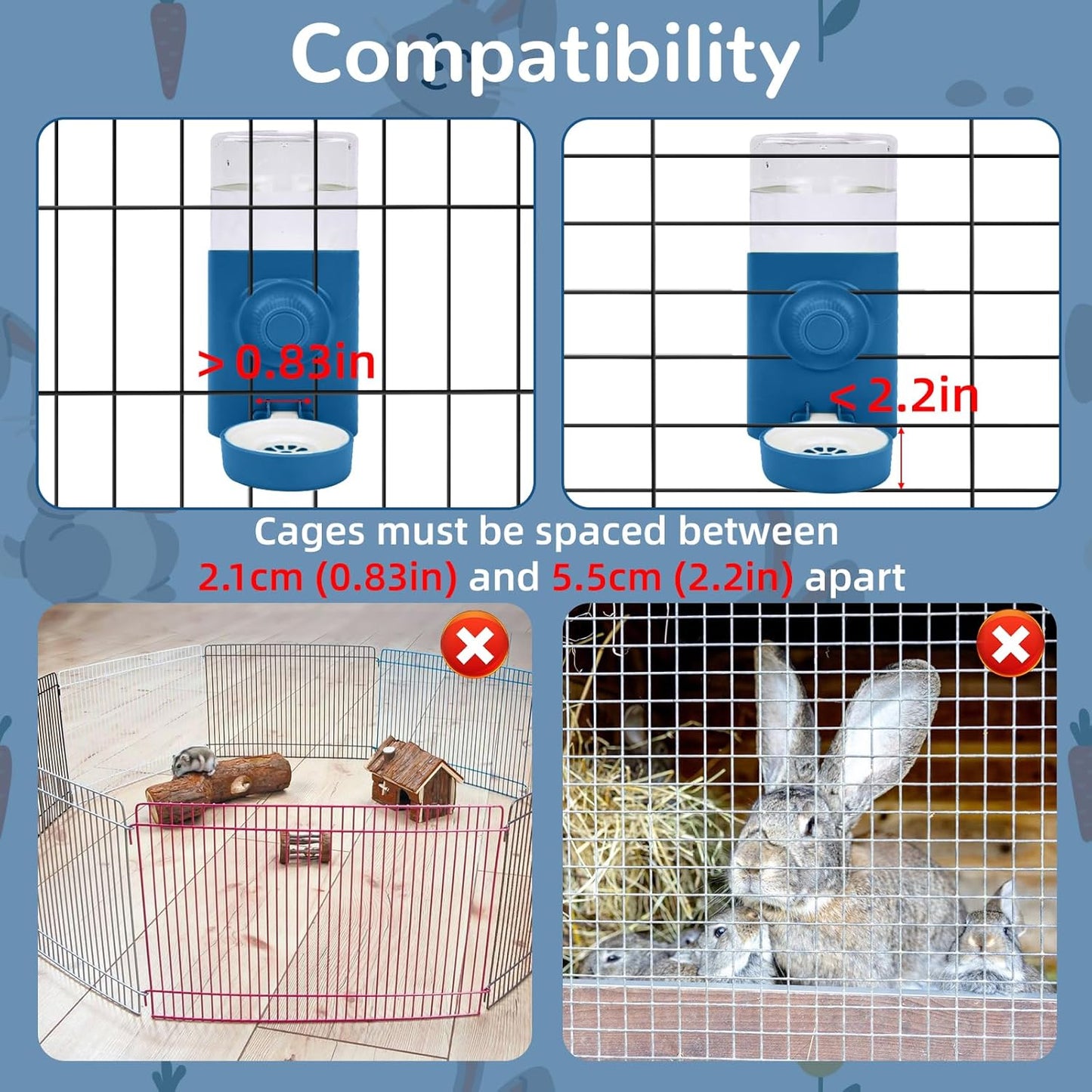 Rypet Hanging Rabbit Water Bottle Cage, 21oz Guinea Pig Water Bottle Dispenser, Automatic Small Pet Cage Water Feeder for Bunny Chinchilla Hamster Hedgehog Ferret Rat Gerbil Small Animal (Blue)