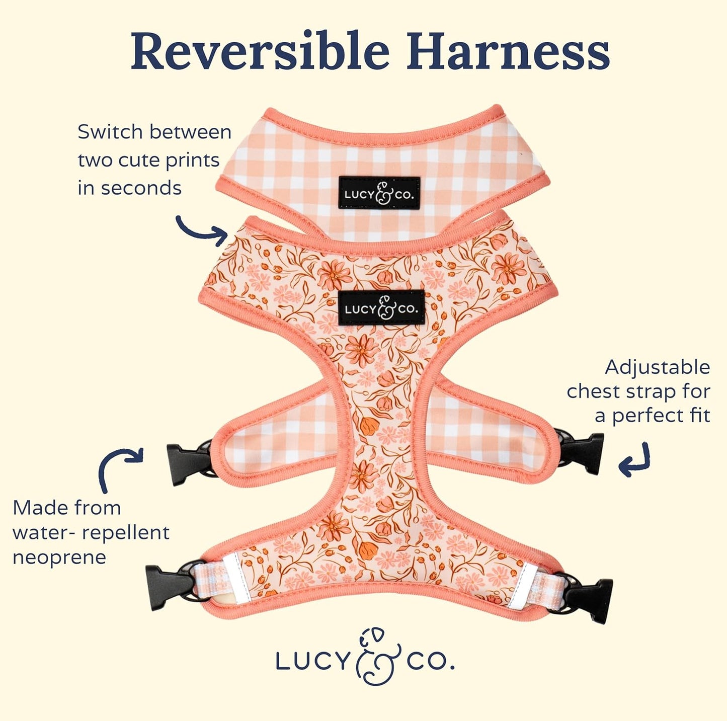 Lucy & Co. Cute Reversible Dog Harness Walking Halter - Best Designer Pet Harnesses for XS - XL Dogs - Padded Adjustable Vest for Easy Walking-Small-Peach Pink Floral Plaid