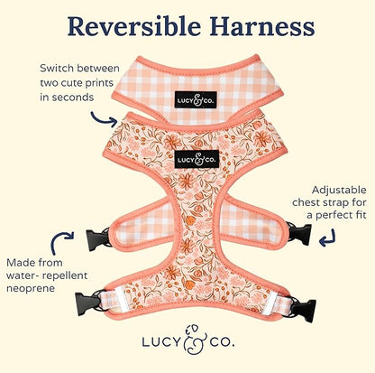 Lucy & Co. Cute Reversible Dog Harness Walking Halter - Best Designer Pet Harnesses for XS - XL Dogs - Padded Adjustable Vest for Easy Walking-X-Small-Peach Pink Floral Plaid