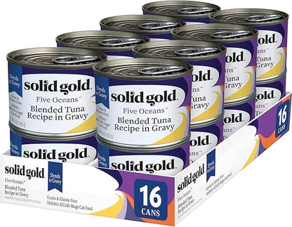 Solid Gold Wet Cat Food Shreds in Gravy - Canned Cat Food Made w/Real Tuna - Five Oceans Grain Free - 16ct/3oz Can