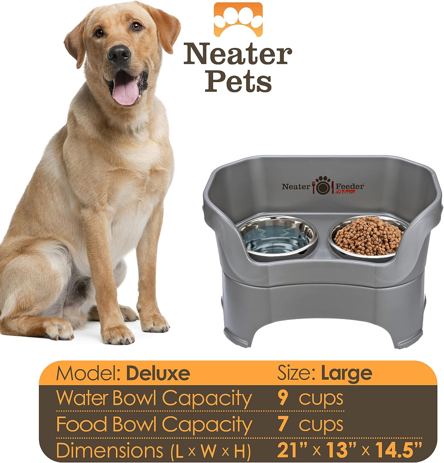 Neater Pet Brands Neater Feeder Deluxe Mess Proof Dog Bowls Elevated for Large Dogs Over 40 lbs, Made in USA, No Spill Raised Dog Food Bowl Stand Feeding Station, Food and Water Bowl Set, Grey