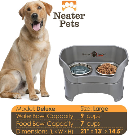Neater Pet Brands Neater Feeder Deluxe Mess Proof Dog Bowls Elevated for Large Dogs Over 40 lbs, Made in USA, No Spill Raised Dog Food Bowl Stand Feeding Station, Food and Water Bowl Set, Grey