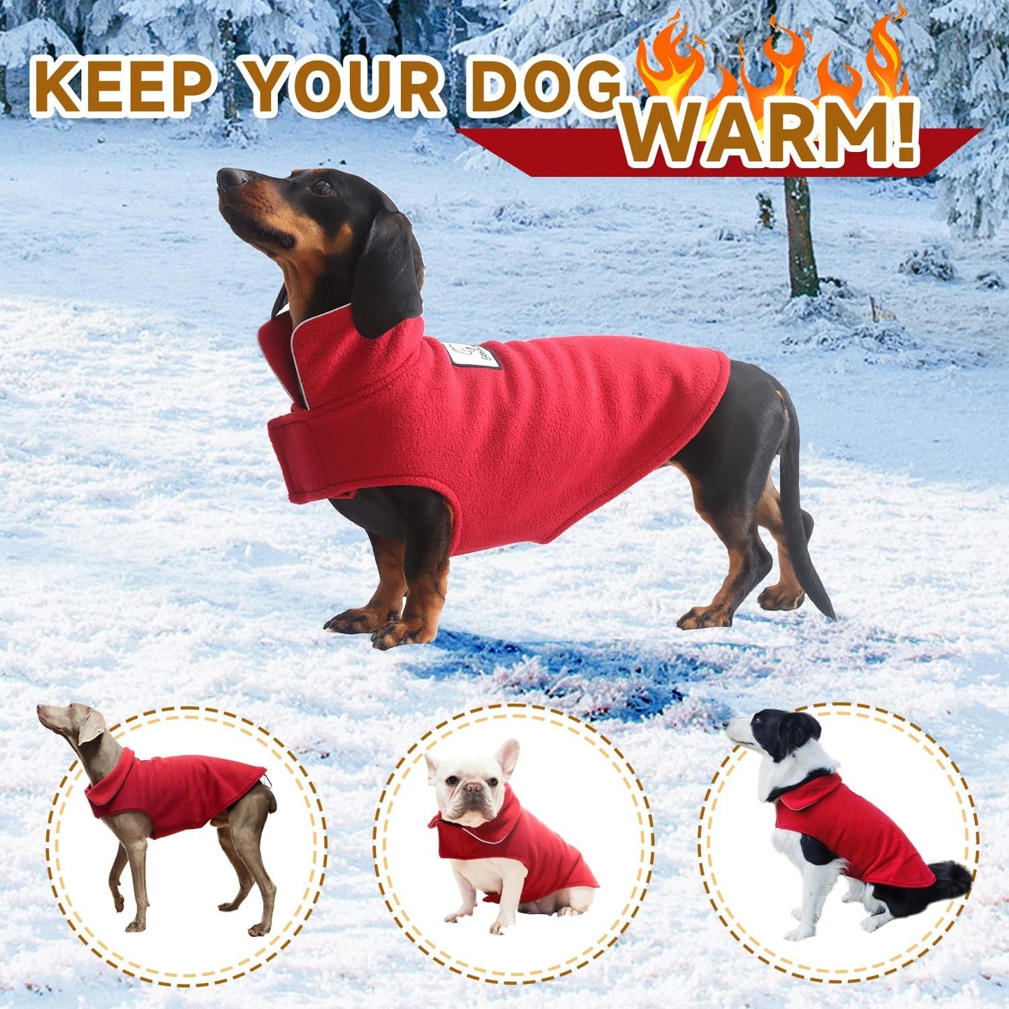 Fleece Dog Coat Reflective Cold Weather Dog Jacket Apparel for Extra Large to Small Pets(Red,3XL)