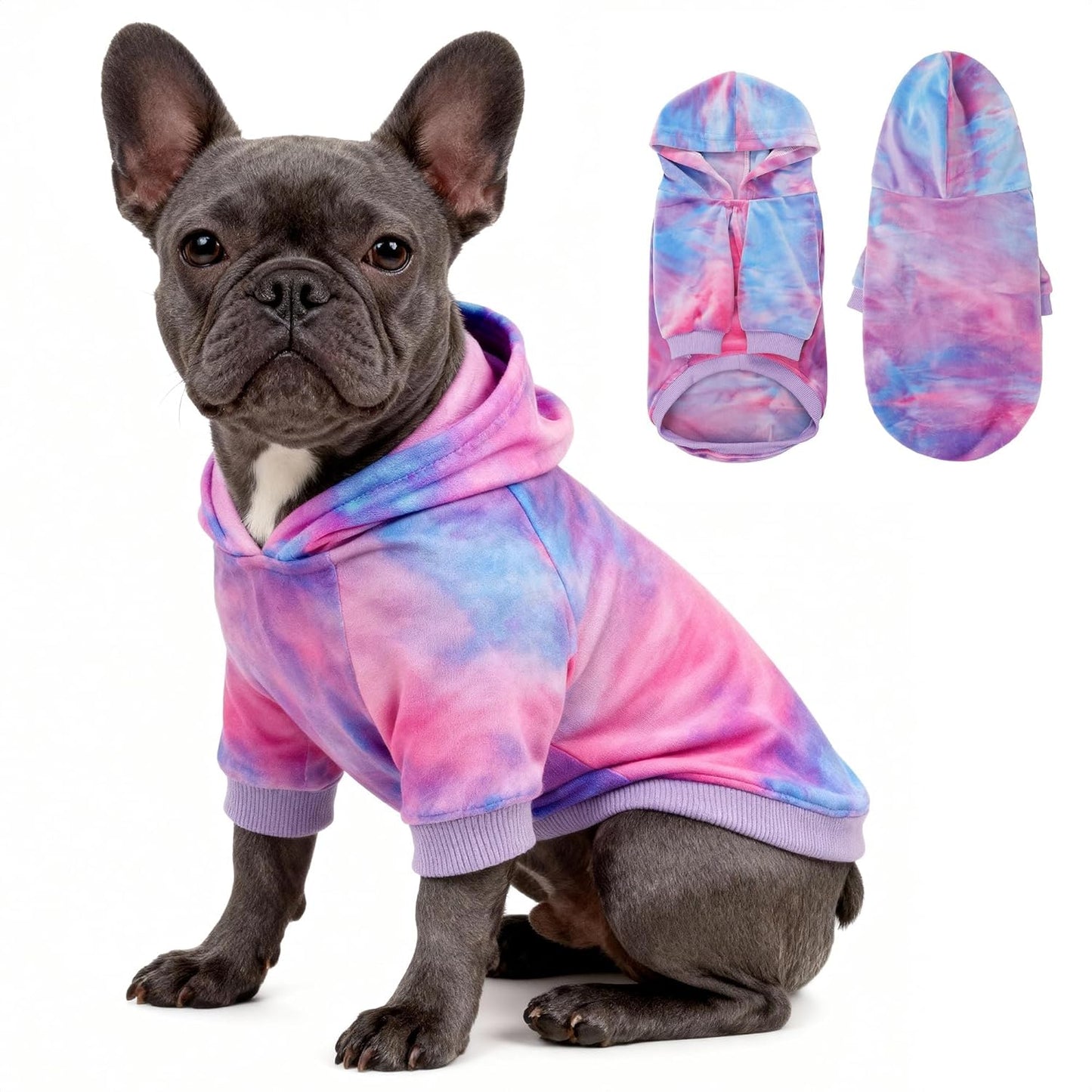 WOYYHO Premium Velvet Tie Dye Dog Hoodie & Sweatshirt - Soft Lightweight Pullover Dog Sweater for Small Medium Dogs, Cozy Dogs Sweater for Puppy Dachshund French Bulldog Multi Pink Purple XL