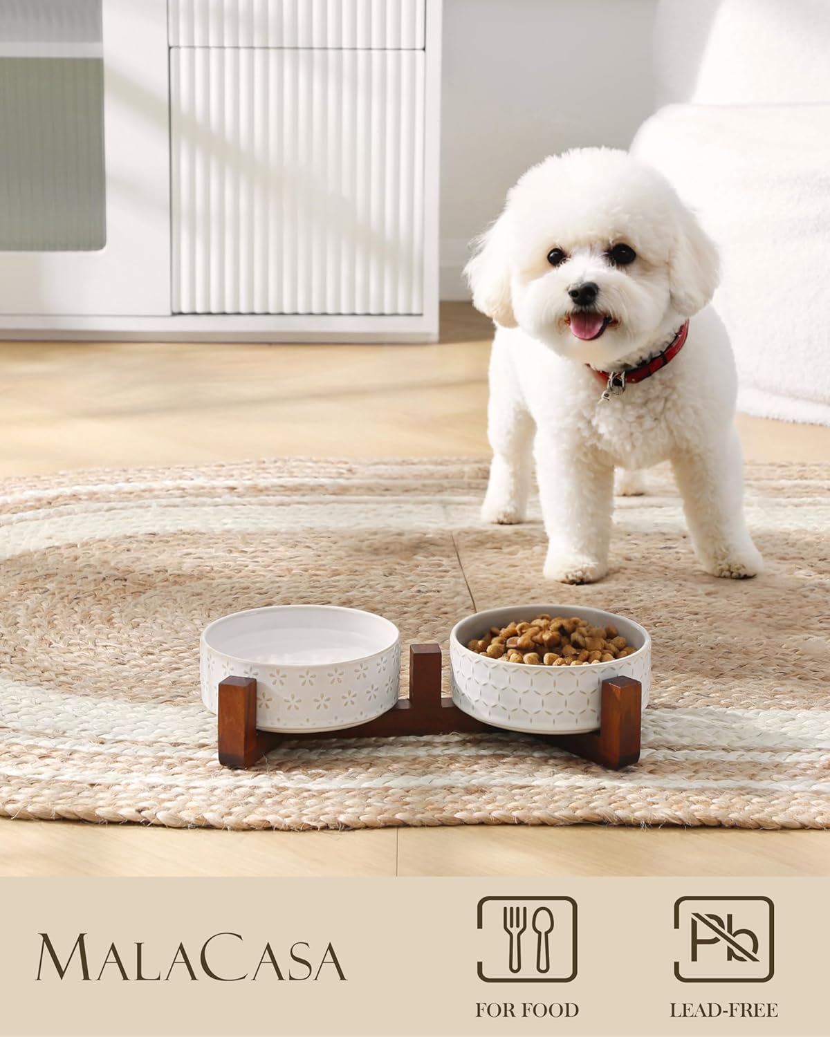 MALACASA Dog Bowl Set with Walnut Wood Stand, 1.5 Cups Ceramic Pet Bowls for Puppy Dogs, Dual Food and Water Bowls with Non-Slip Base, Basic Bowls for Your Dog or Cat, Five-Leaf Grass & Honeycomb