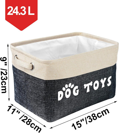 PET ARTIST Dog Toy Basket, Collapsible Dog Toy Bin Box with Comfortable Handles, Large Pet Toy Storage Organizer for Accessories, Toys, Coat & Clothing, Blanket & Leash, Black, 15"x11"x9"