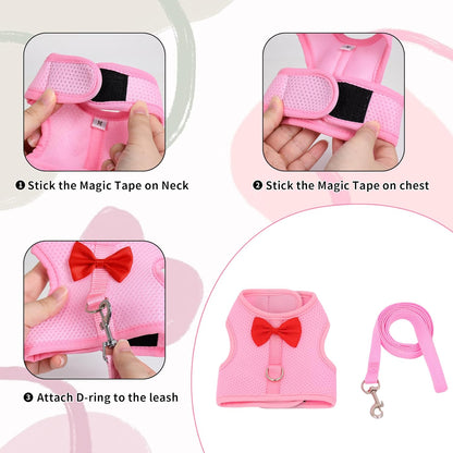 AIITLE Rabbit Harness and Leash Set with Cute Bow, Soft Breathable Mesh Vest Harness for Rabbits Kitten Ferret Puppy Small Pets Walking Supplies Pink L