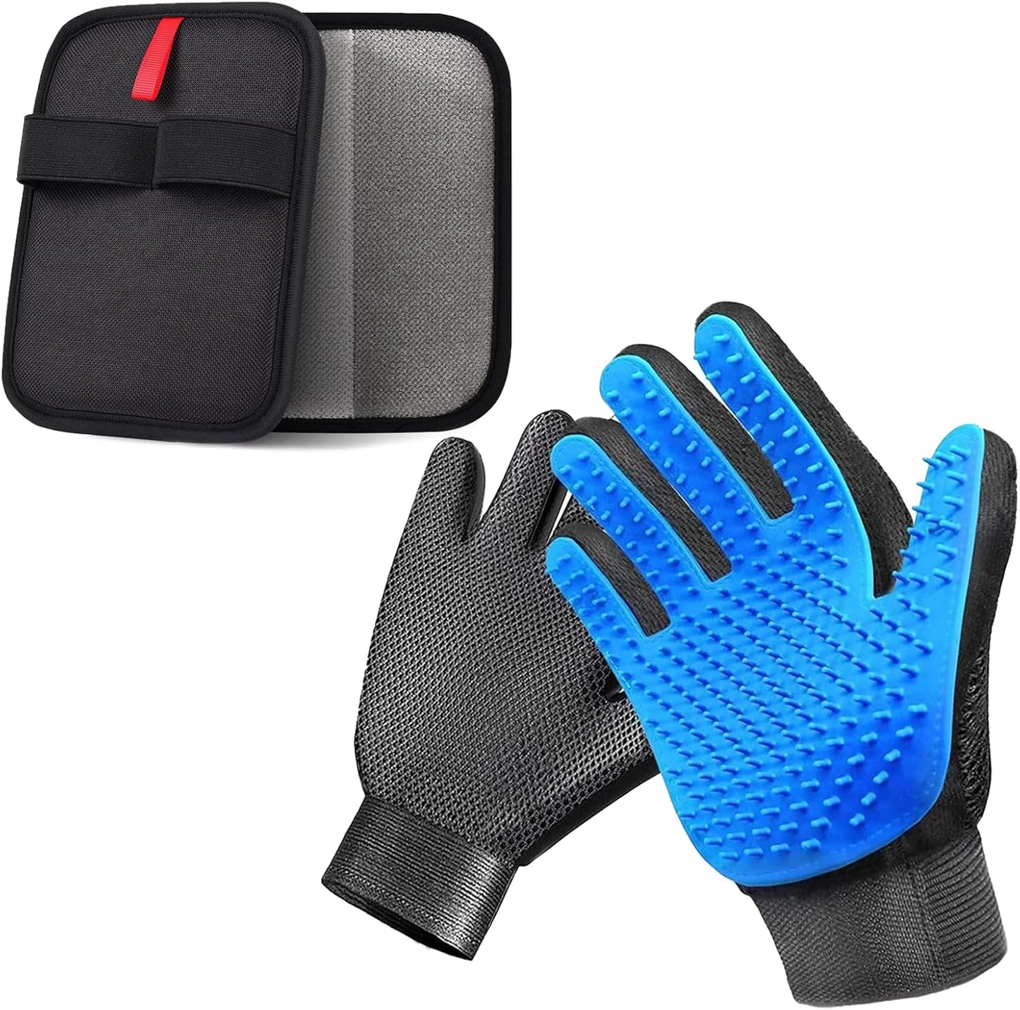 2-in-1 Pet Grooming Glove & Fabric Hair Remover - Reusabie, Silicone Massage Bristles,Static Adhesion for Quiuck Shedding Control,Safe for Dogs & Cats