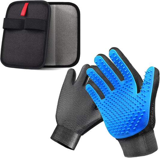 2-in-1 Pet Grooming Glove & Fabric Hair Remover - Reusabie, Silicone Massage Bristles,Static Adhesion for Quiuck Shedding Control,Safe for Dogs & Cats