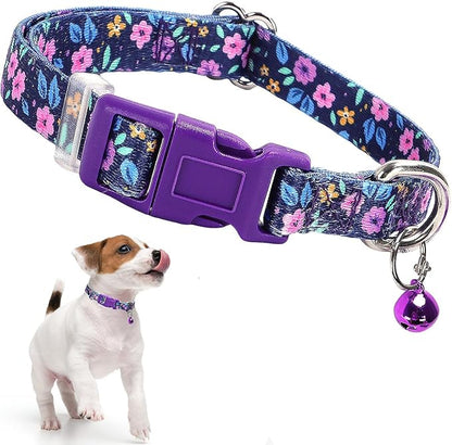 Purple Floral Puppy Collar with Bell, Pretty Cute Flower Girl Dog Collar Tiny Kitten Collars with Bells for XS Small Pet Female Dogs Cat Little Animal, XSmall