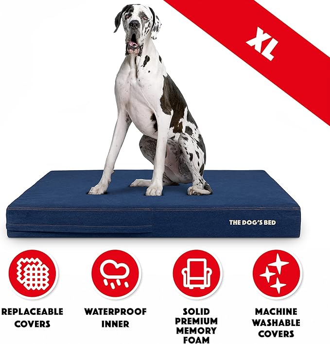 The Dog’s Bed Orthopedic Memory Foam Dog Bed, XXL Blue Denim, Pain Relief for Arthritis, Hip & Elbow Dysplasia, Post Surgery, Lameness, Supportive, Calming, Waterproof Washable Cover