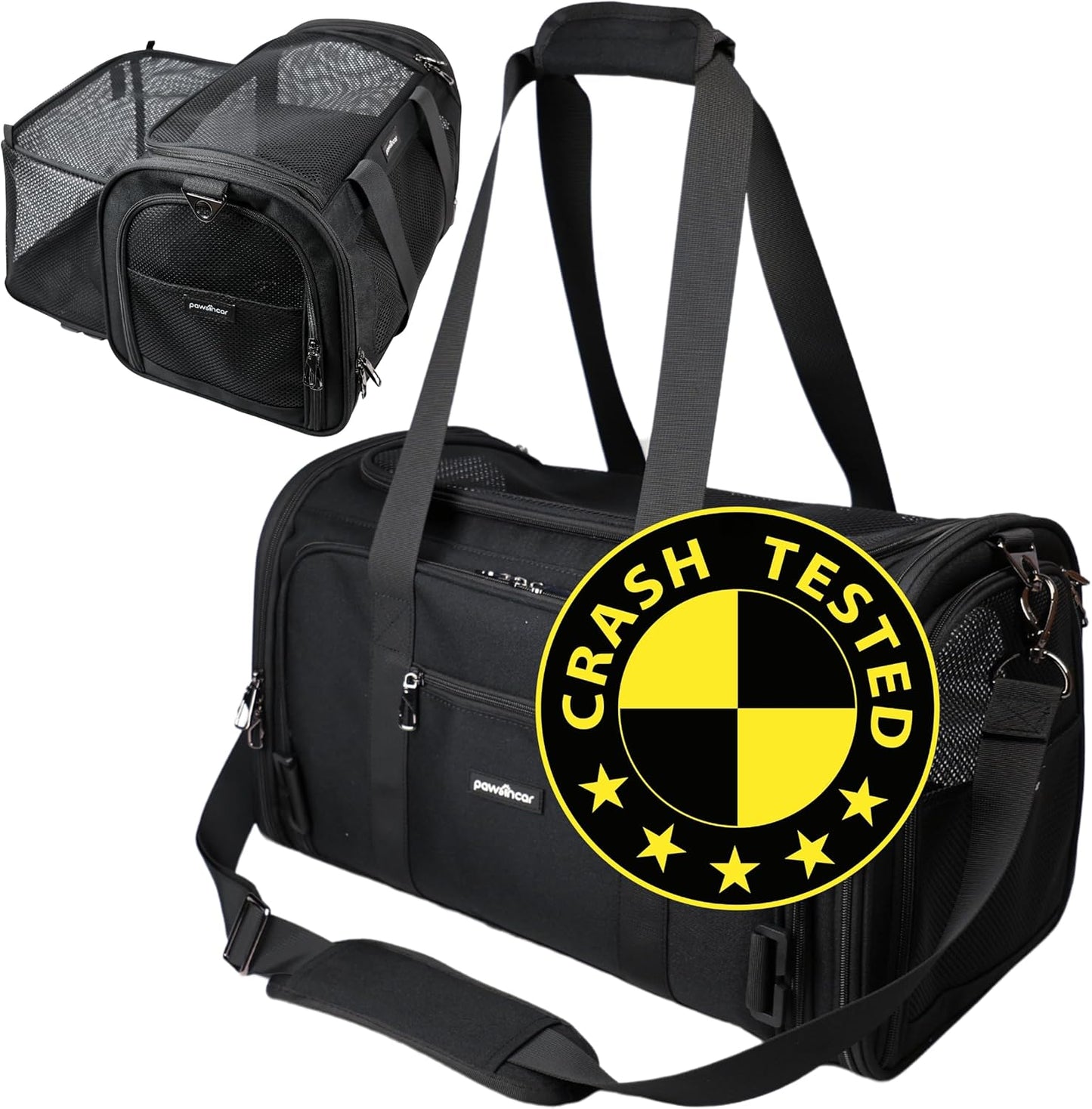 Crash-Tested Cat Carrier Soft (Test with FMVSS 213b - 5 Star Safety Rated by CPS) | TSA Airline Approved, Expandable, Zipper Locks, Fan Pocket | Best Dog Car Carrier for Safe Travel (Pet Up to 9lbs)