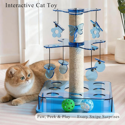 Modern 3-in-1 Interactive Cat Toy with Scratching Post, Cat Puzzle Toys for Indoor Cats with Colorful Jingle Balls, 2-Layer Spinning Teaser Disc with Dangling Toys, Acrylic, Blue