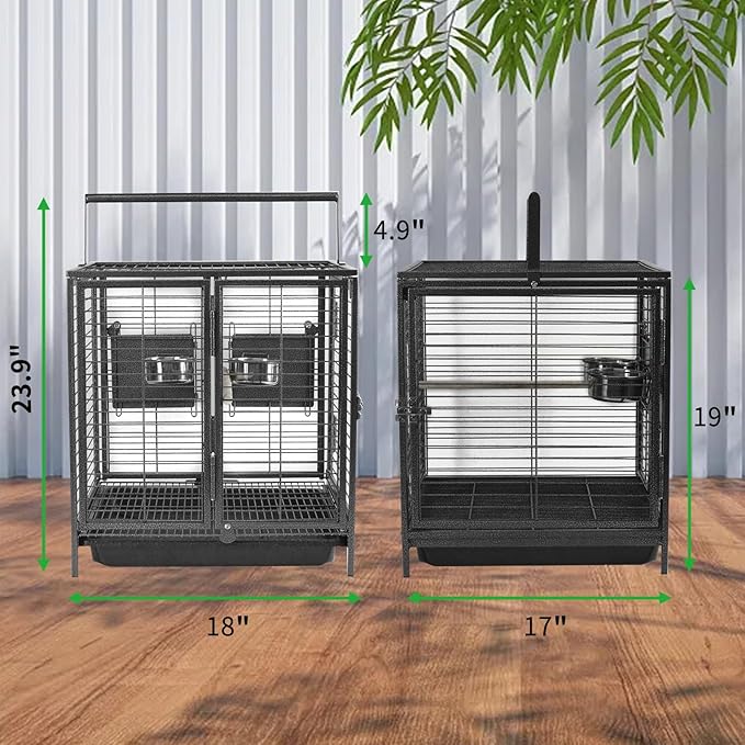 Portable Bird Travel Carrier Cage Black 19 Inch with Handle Wooden Perch,Parrot Travel cage Medium Birds for Cockatiels, Conures