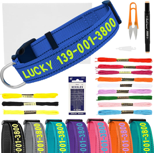 DIY Personalized Embroidered Dog Collar - Custom Hand-Stitched Name & Number, Reflective Adjustable Pet Collar for Small/Medium/Large Dogs & Cats, Durable Nylon with Steel D-Ring (Navy Blue, Small)