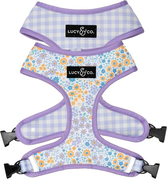Lucy & Co. Cute Reversible Dog Harness Walking Halter - Best Designer Pet Harnesses for XS - XL Dogs - Padded Adjustable Vest for Easy Walking (X-Small, Among The Wildflowers - Purple Floral)