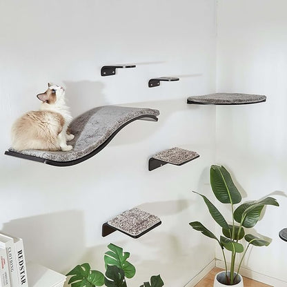 Cat Shelf with Comfortable Cushion - Wave Modern Cat Bed - Minimalistic Floating Wall Perch - Wooden Wall Mounted Cats Furniture for Sleeping, Playing, Climbing, and Lounging, Walnut