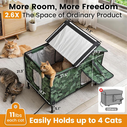 Heated Cat House for Outside in Winter, Weatherproof & Insulated Large Cat Shelter with Heated Cat Bed and 2 Safe Escape Doors for Multiple Stray/Feral Cats(Leaf Pattern, 27.6"x19.3"x21.3")